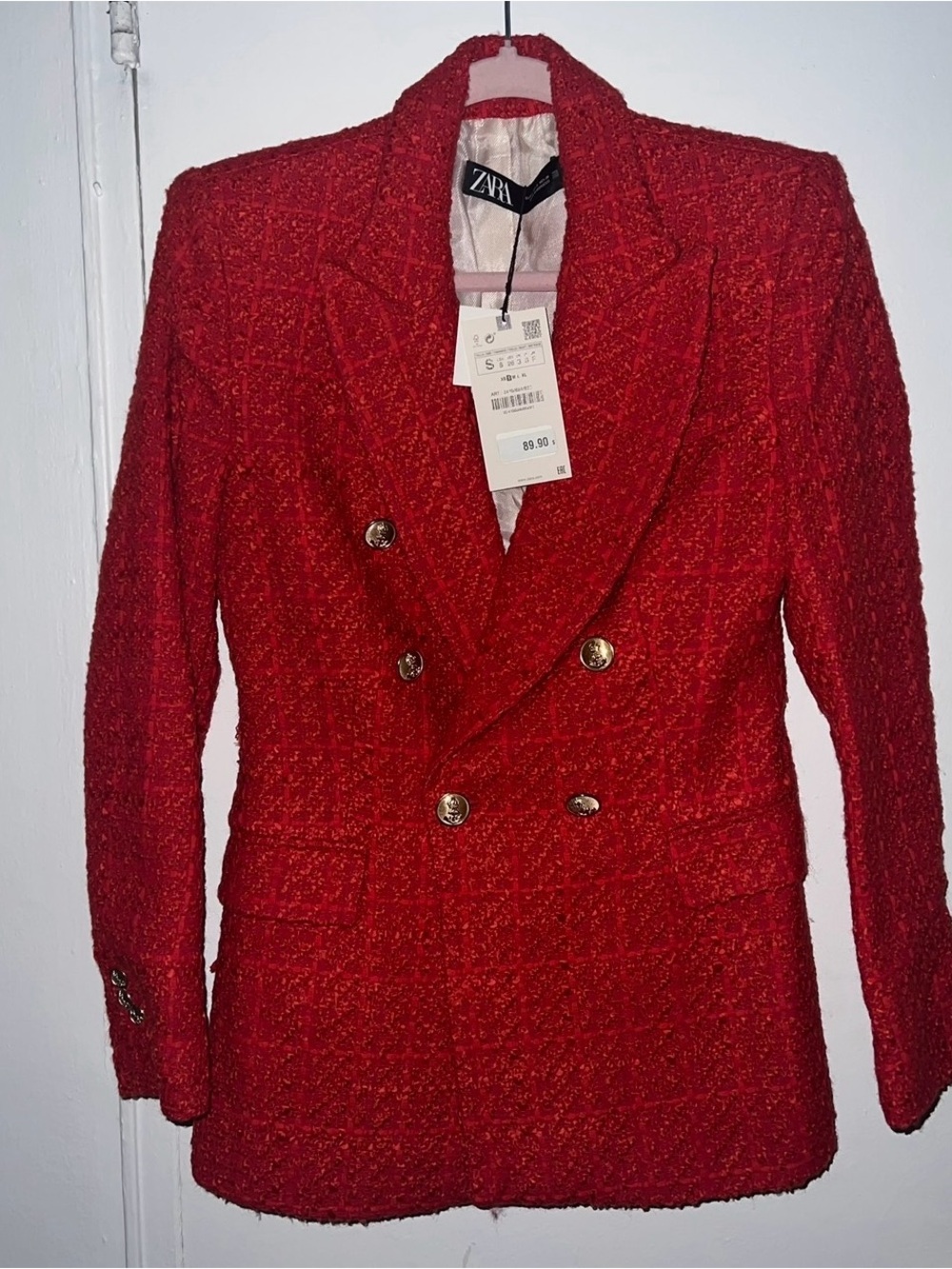 ZARA Red Tweed Double-Breasted Blazer with Gold Buttons